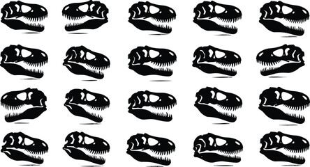 Dinosaur skull silhouettes, T-Rex skull pattern, prehistoric fossil design, reptile bone outline, paleontology icon grid, extinct species illustration