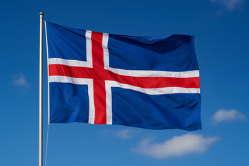 Icelandic flag with a red cross outlined in white on a blue background.