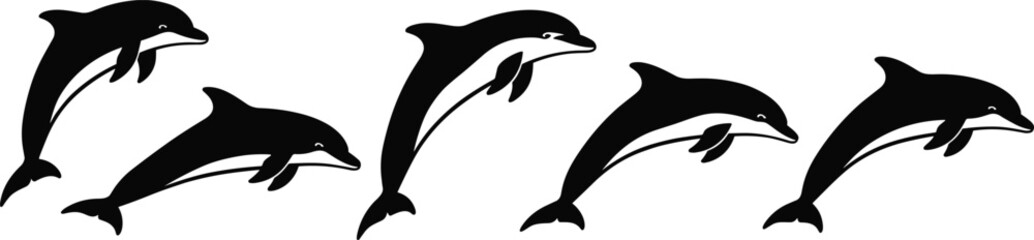 Dolphin silhouette illustration, marine animal artwork, black dolphin shapes, ocean wildlife design, graceful swimming pose, aquatic creature, sea life, minimal style