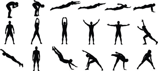 Exercise silhouette set, stretching pose, fitness movement, workout position, plank stance, warm-up action, body training vector, physical activity illustration