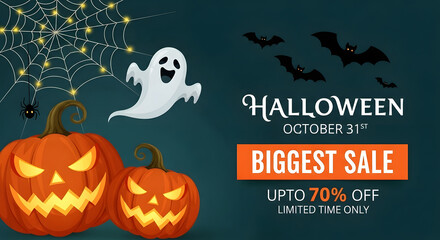 Fototapeta premium Halloween sale with pumpkins ghost and bats jack lantern banner