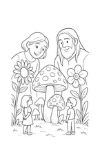 Fototapeta premium Whimsical garden scene with family and giant mushrooms in black and white