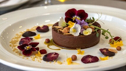 Elegant Dessert Plate with Edible Flowers and Chocolate Ganache