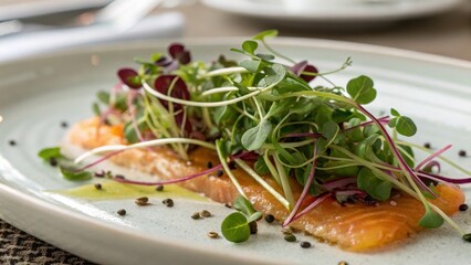 Fresh Salmon Fillet Topped with Microgreens and Garnish