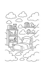 Fototapeta premium Whimsical cloud-filled kids room with floating bed and toys in black and white