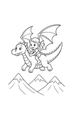 Child riding dragon line art for coloring with mountain background