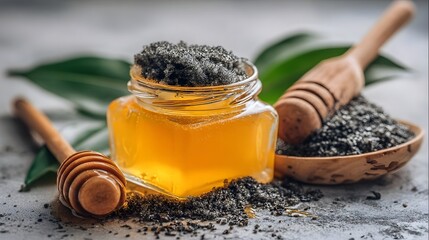 Honey and black sugar blend in a glass jar and wooden bowl.