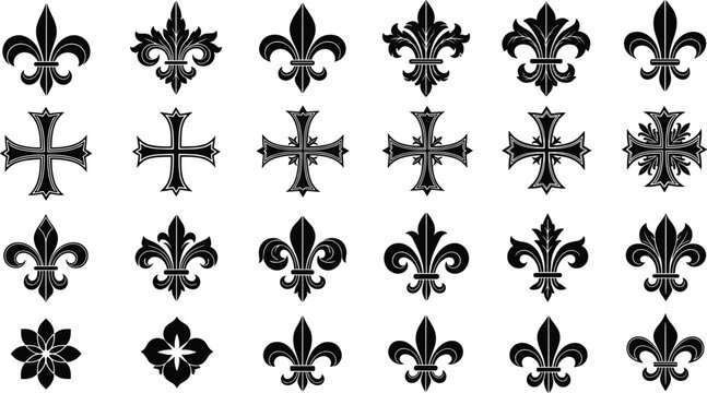 Fleur-de-lis and cross symbols collection, black and white heraldic icons, medieval emblem set, decorative vintage design elements, grid layout
