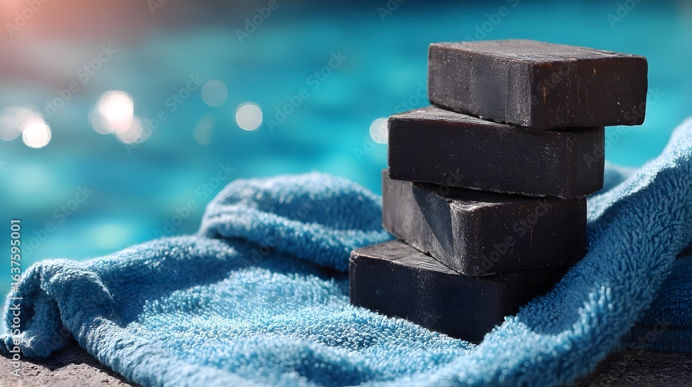 Poster dark soap bars rest on a poolside towel.