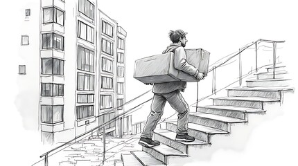 man carrying large box up apartment stairs
