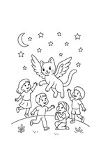 Children playing with magical winged cat under starry night sky