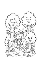 Obraz premium Whimsical forest scene with happy trees and elf playing flute