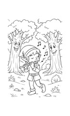 Obraz premium Little elf playing flute in enchanted forest with smiling trees