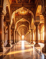 Sunlit hall with ornate arches, columns, and a long perspective