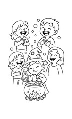 Children enjoying magical science experiment in black and white outline