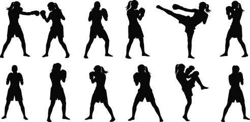 Martial arts silhouettes, boxing poses, kick techniques, defensive stances, combat movements, punching actions, training illustration, fighting forms, athlete shadows, sports reference