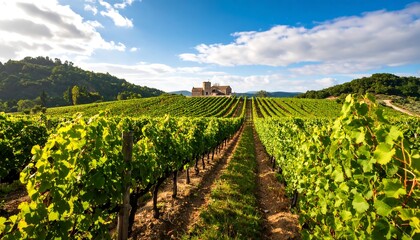Naklejka premium Vineyard landscape with ancient abbey