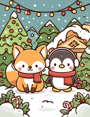 Fototapeta premium Festive Fox and Penguin Embrace: A heartwarming illustration depicting a cheerful fox and a penguin, adorned in winter attire, standing together amidst a snowy Christmas landscape.