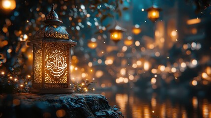 Ornate lantern, glowing softly, in a mystical, garden-like setting
