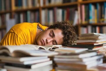 Tired student sleeping on a pile of books in a library, surrounded by towering stacks of literature and the weight of academic pressure