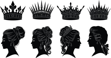 Royal crown silhouettes, elegant hairstyle collection, regal fashion elements, vintage headwear designs, artistic profile outlines, historical beauty inspiration © Ideasy Mind
