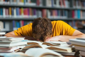 Overwhelmed student sleeping on books in university library after intense studying session, concept of academic stress and exhaustion