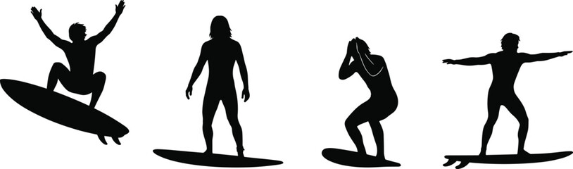 Silhouettes of surfers on surfboards, dynamic and static surfing poses, ocean sport, wave riding, balance, motion, beach lifestyle, surf tricks