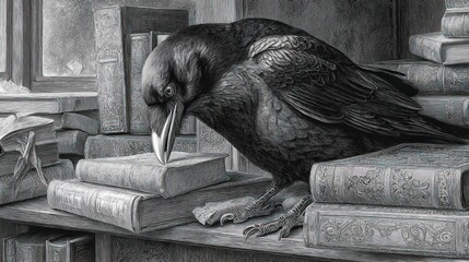 Raven perched among books