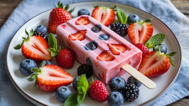 Pink strawberry popsicle with embedded slices of strawberry and blueberries, placed on a white plate, surrounded by fresh strawberries, blueberries, blackberries, and mint leaves, high detail