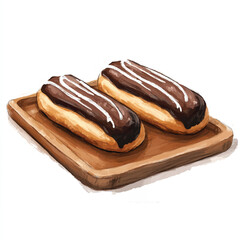 a cute Chocolate eclairs on a wooden tray
