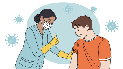 Nurse giving thumbs up after vaccinating a young man against viruses.