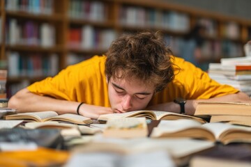 Young student sleeping on open books in a library, surrounded by stacks of books, tired from studying