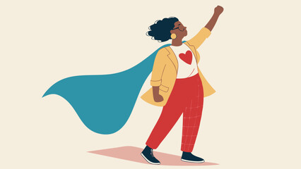 Powerful Black Woman Superhero in Cape Red Pants and Yellow Jacket.