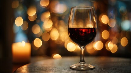 Red wine glass in warm interior light