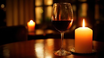 Red wine in glass with lit candle on table in soft lighting