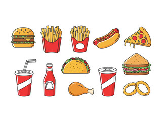 Delicious Fast Food Array: An enticing assortment of classic fast food favorites, artfully arranged to tempt the taste buds and evoke cravings, perfect for culinary themed projects.