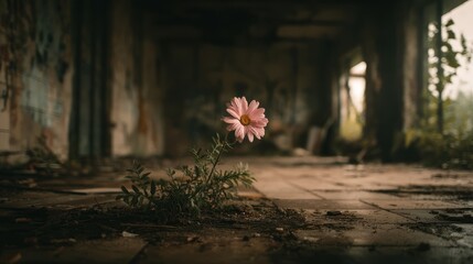 Resilient pink flower in decaying interior