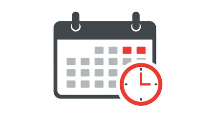 Red and Gray Calendar Icon with Clock, Schedule Management Symbol