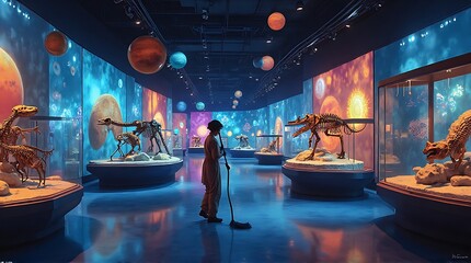 futuristic museum hall with prehistoric animal displays