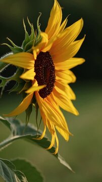 Close-up side view of a vibrant sunflower against a blurred green background, capturing its details. Ideal for nature-themed video content. Live mobile wallpaper.