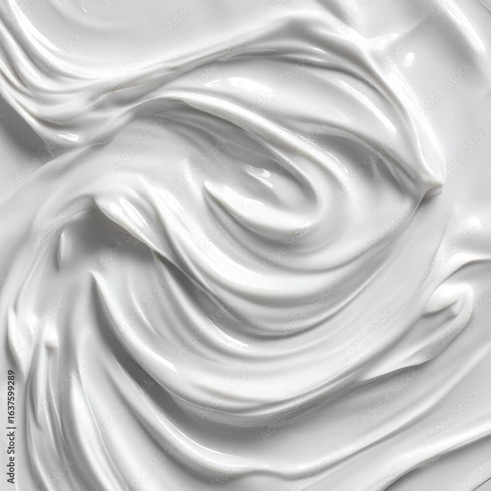Poster close up of a thick white cream with swirling patterns creating a smooth and glossy texture surface