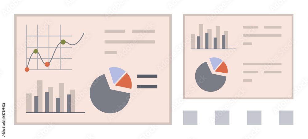 Poster bar chart, line graph, and pie chart on slides for business insights or academic research. ideal for