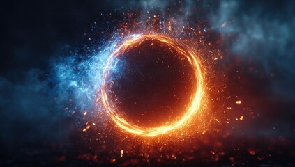Fiery, icy ring, circle frame, dramatic lighting, with sparks and smoke
