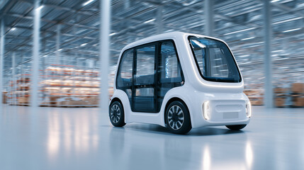 Self-driving Transport in the modern industry: A futuristic autonomous vehicle glides through a state-of-the-art warehouse, showcasing innovation and efficiency in transportation and logistics. 