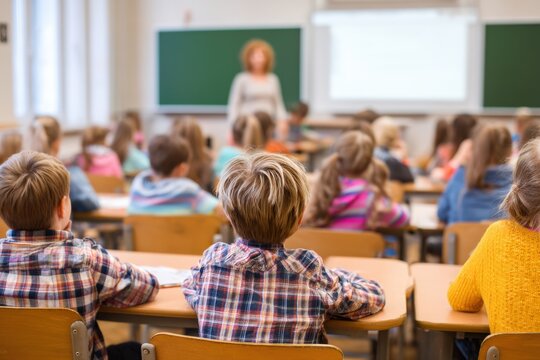 Group of elementary school students attending a lesson in classroom while their teacher giving a lecture
