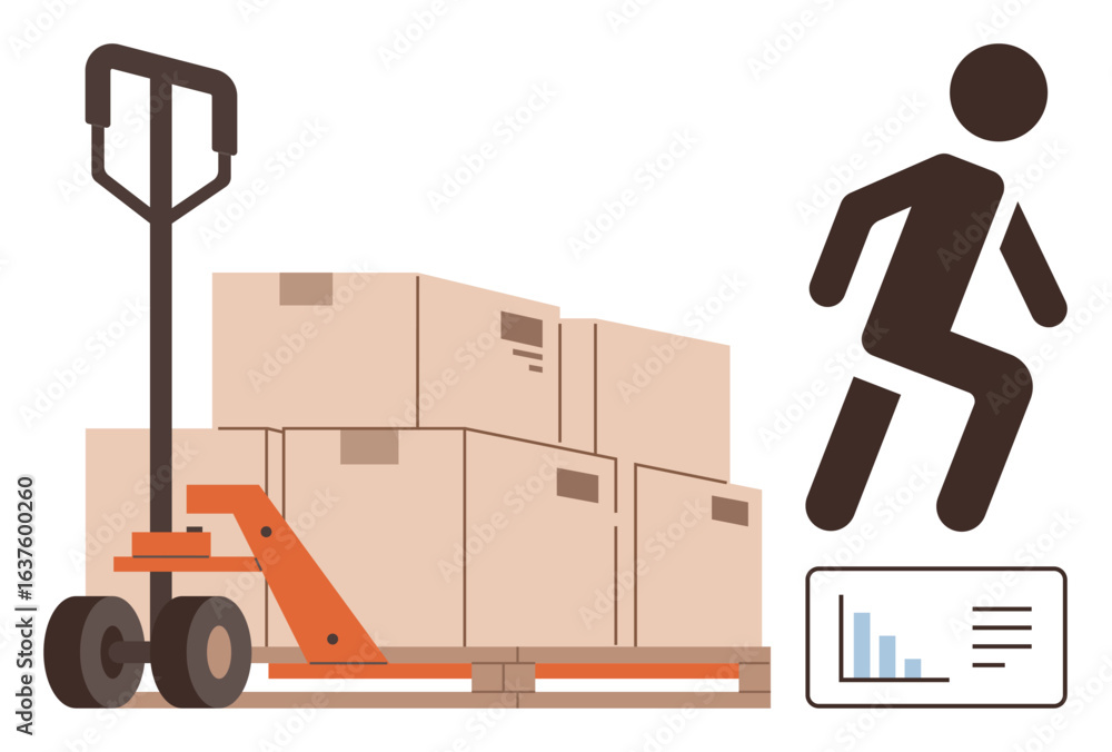 Poster hand pallet truck transporting stacked boxes. figure symbolizing worker activity and steps. chart em