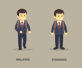 Isolated walking and standing male school kid. Front view. Happy male student wearing suit and backpack. Flat vector illustration template.