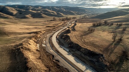 Road construction in dry valley landscape