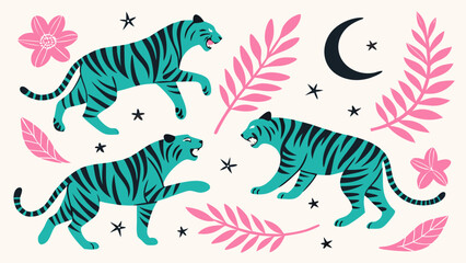 Three Teal Tigers with Pink Tropical Plants.