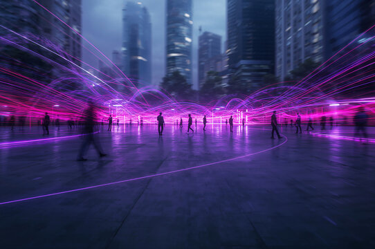 Luminous purple light trails connect diverse individuals in a vibrant, futuristic digital business network. vibrant